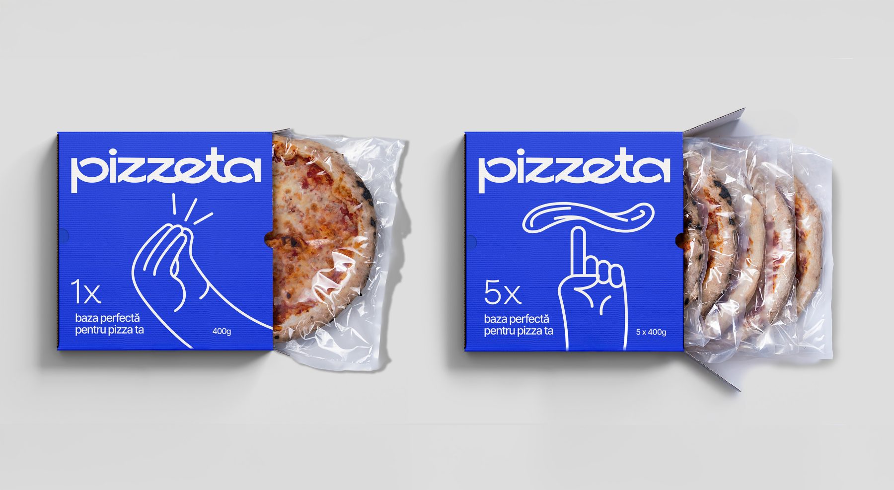 Ambalaj Pizzeta cu o singură bază și ambalaj cu cinci baze de pizza – design de produs semnat BroHouse