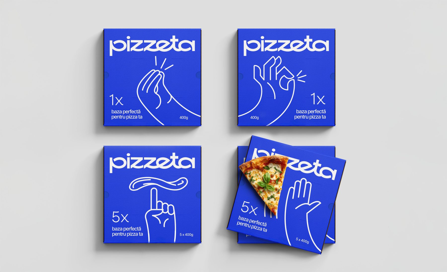Four packaging concepts showing hands in expressive Italian gestures