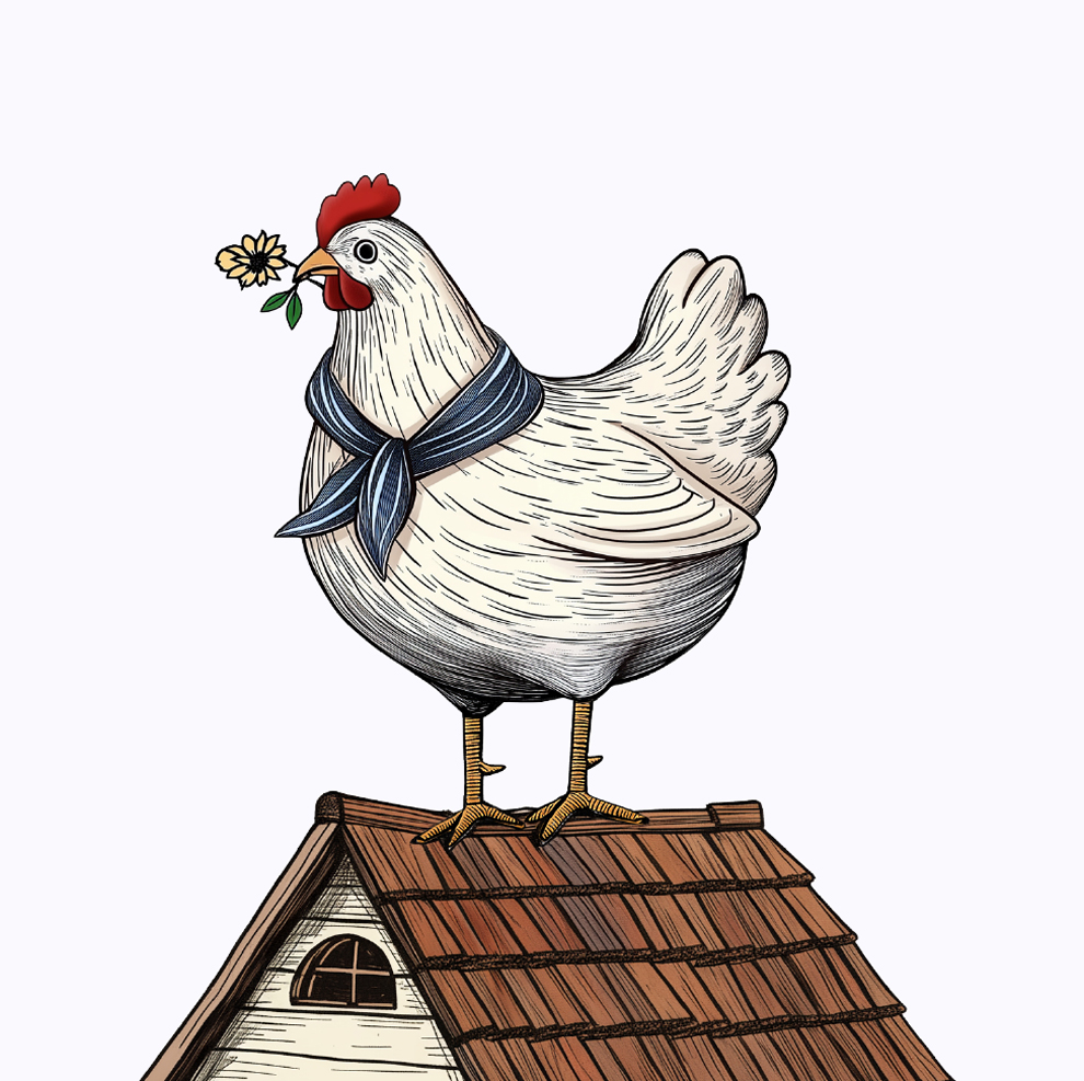 Ilustratie gaina pe casuta patul – design de ambalaj oua Moldavia BroHouse