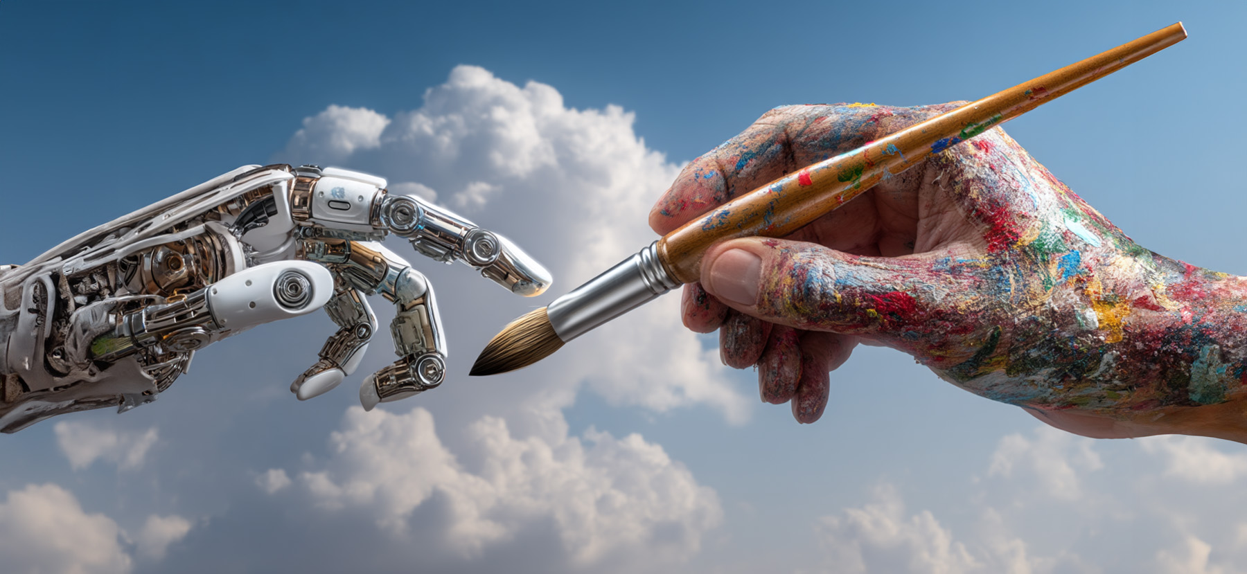 Mână de robot și mână umană care se ating, inspirație din Crearea lui Adam, simbol pentru relația dintre AI și gândirea umană în design