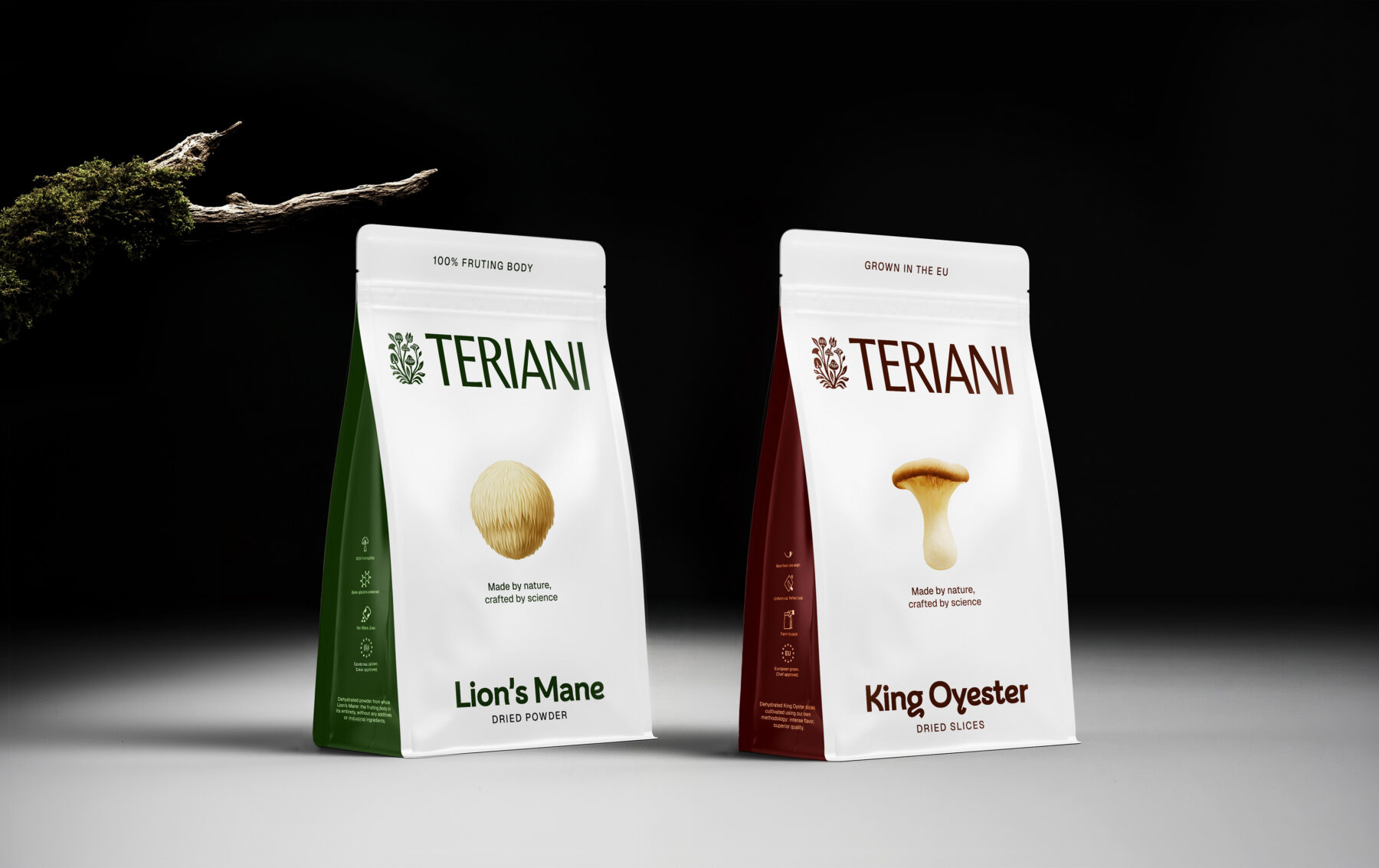 Teriani packaging design portfolio featuring premium dried mushroom packaging.